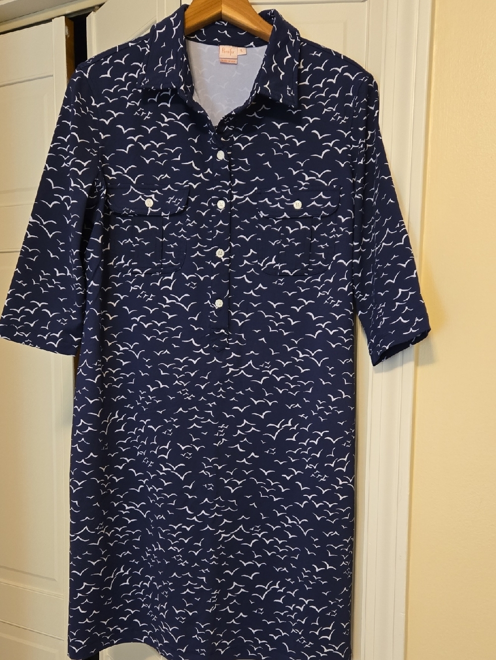 Persifor Navy Shirt Dress with White Seagull Print. Size L.